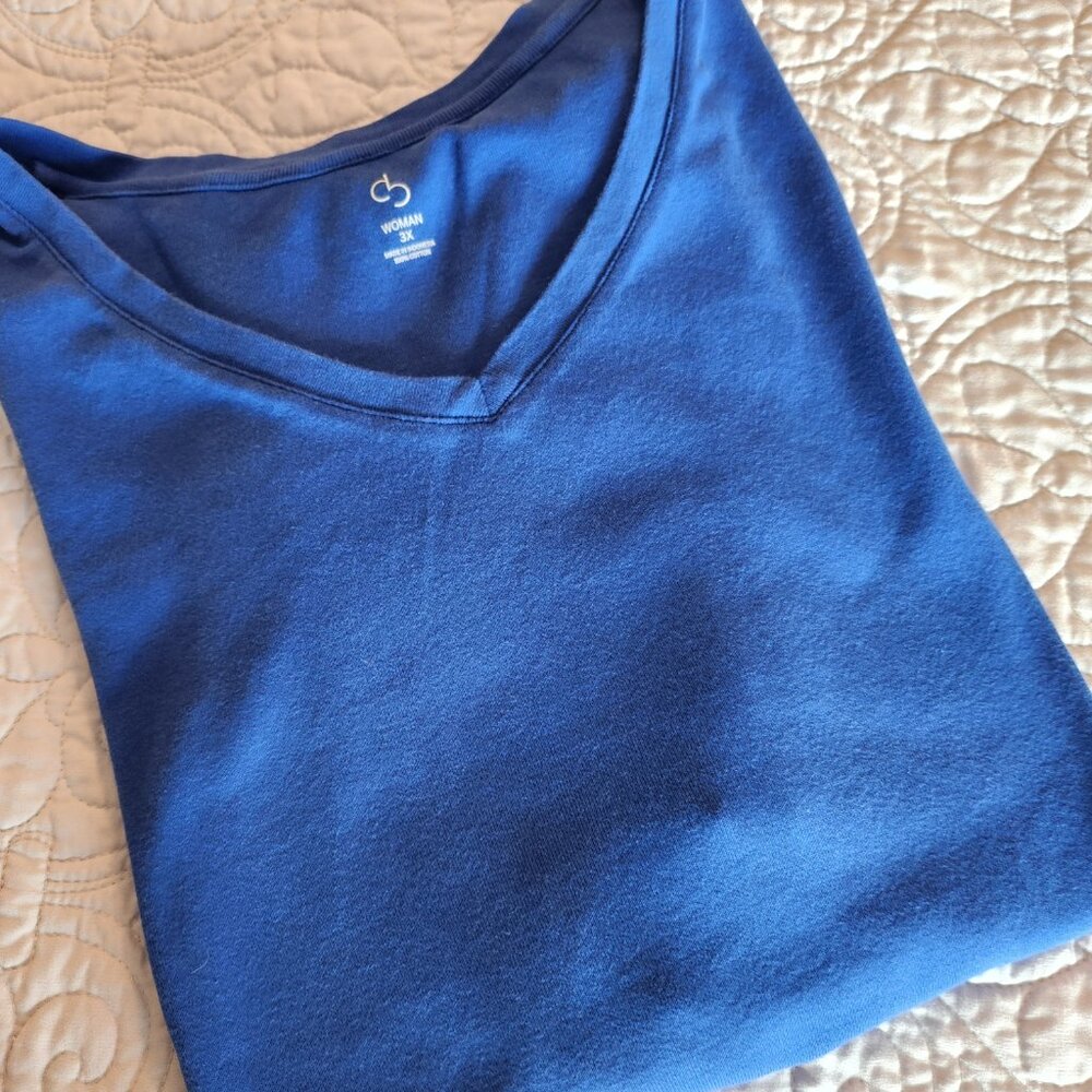 cb Woman Catherines Blue Cotton V-Neck Short‎ Sleeve TShirt Top Plus Size 3X
